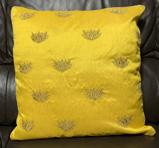 Embroidered Silk Satin Art Cushion Covers - Lotus Motifs - 41x41cm - Yellow - Stylla London