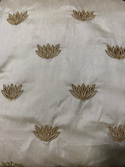 Embroidered Silk Satin Art Cushion Covers - Lotus Motifs - 41x41cm - White - Stylla London