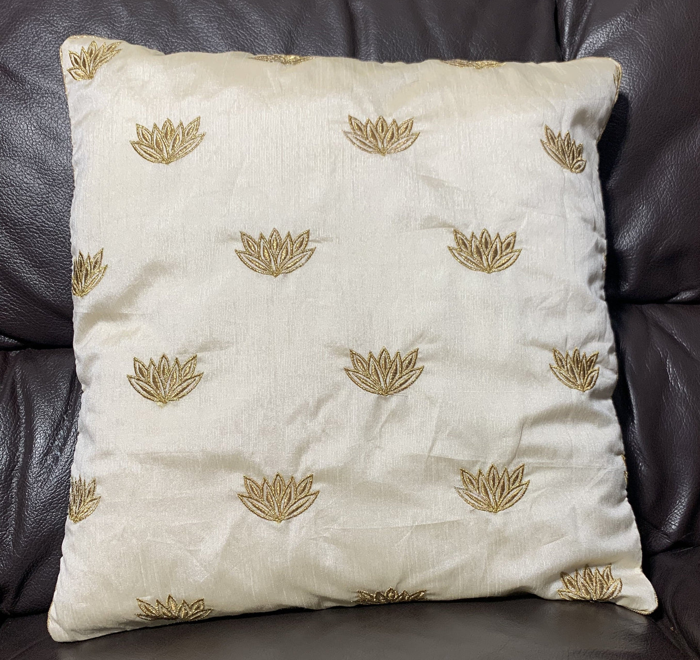 Embroidered Silk Satin Art Cushion Covers - Lotus Motifs - 41x41cm - White - Stylla London
