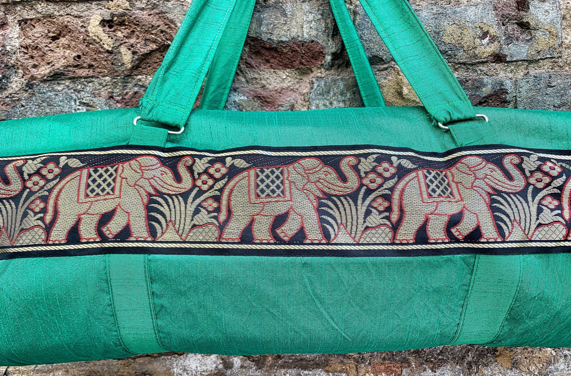 Indian Silk Yoga Mat Bag and Carriers - Green - Stylla London