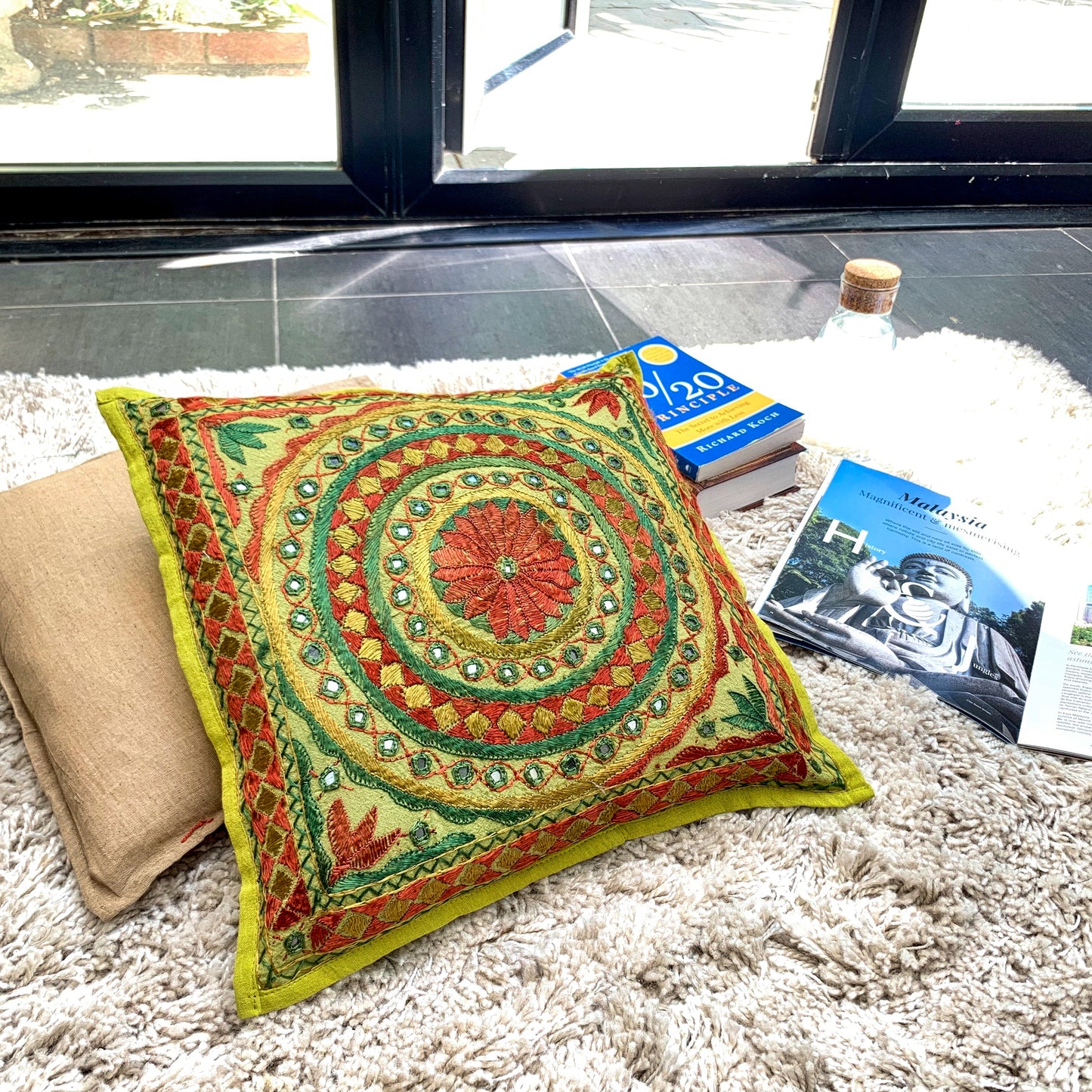 Thread Embroidery Work Rangoli Design Cotton Cushion Covers - Green - Stylla London