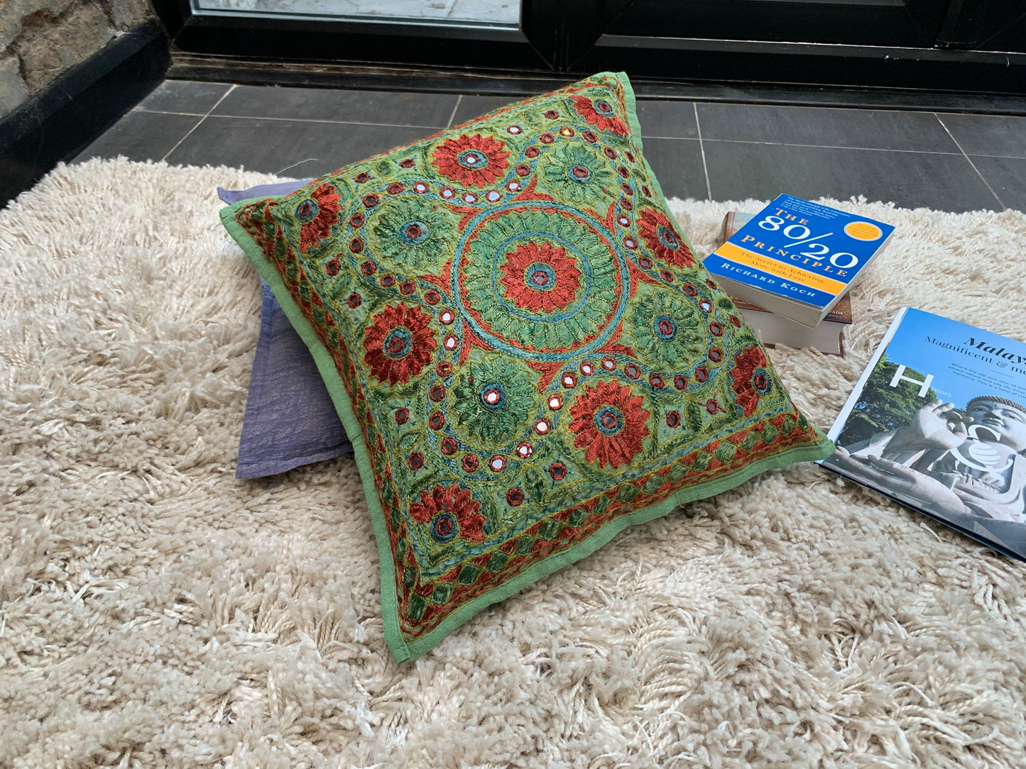 Hand Embroidered Cushion Covers - Green - 41x41cms - Stylla London