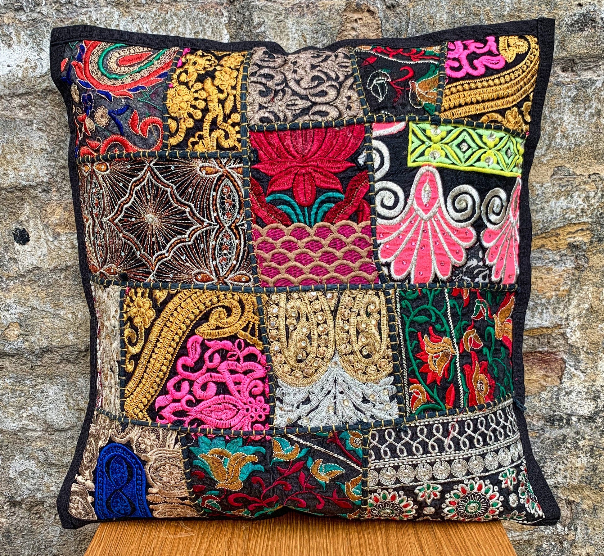 Vintage Sari Patchwork Cushion Covers - Perfect Black - 41x41cm - Stylla London