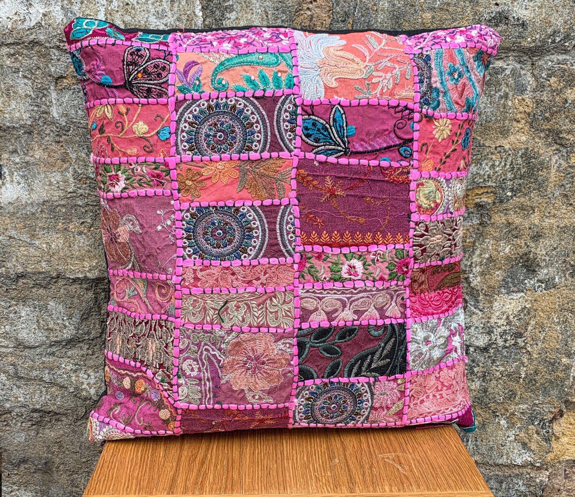 Vintage Sari Patchwork Cushion Covers - Simple Pink - 41x41cm - Stylla London