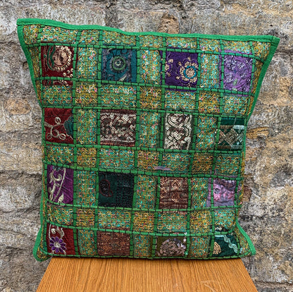 Vintage Sari Patchwork Cushion Covers - Classic Green - 41x41cm - Stylla London