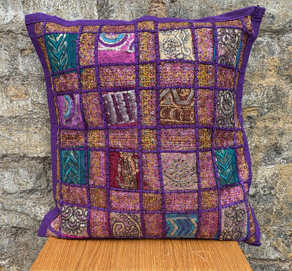 Vintage Sari Patchwork Cushion Covers - Classic Purple - 41x41cm - Stylla London