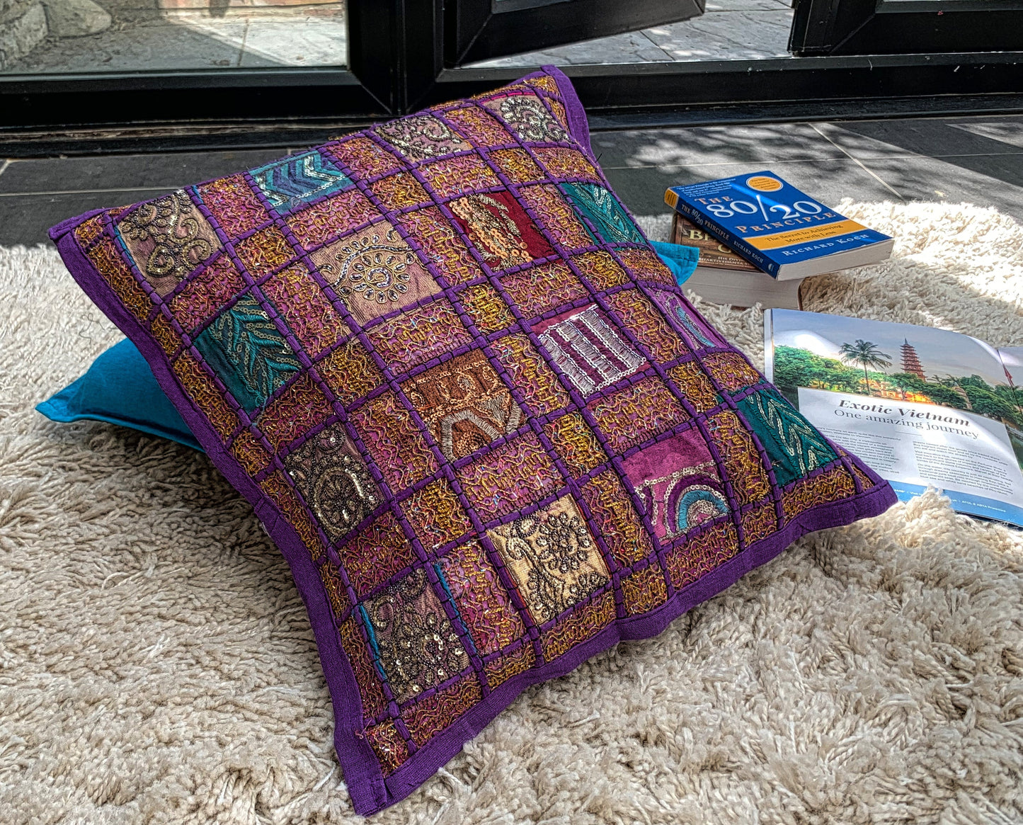 Vintage Sari Patchwork Cushion Covers - Classic Purple - 41x41cm - Stylla London