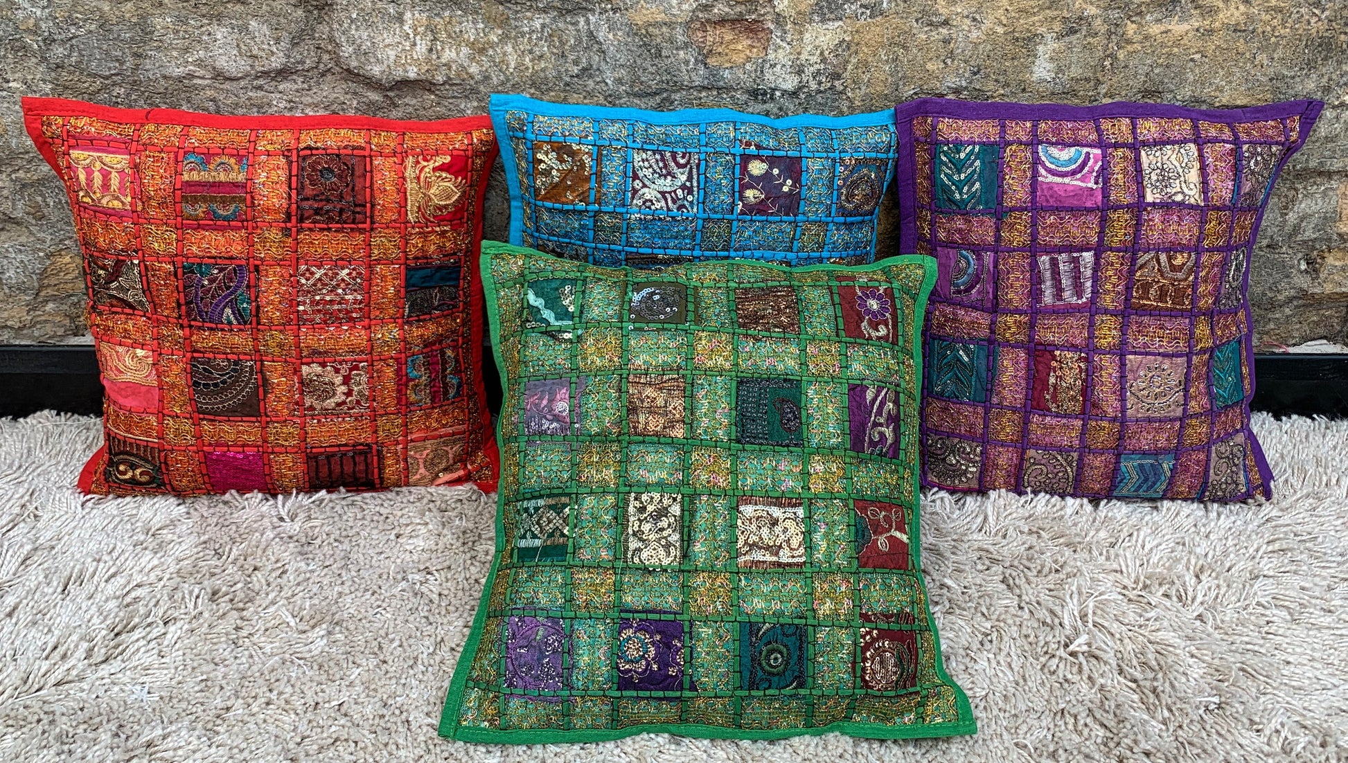 Vintage Sari Patchwork Cushion Covers - Classic Green - 41x41cm - Stylla London