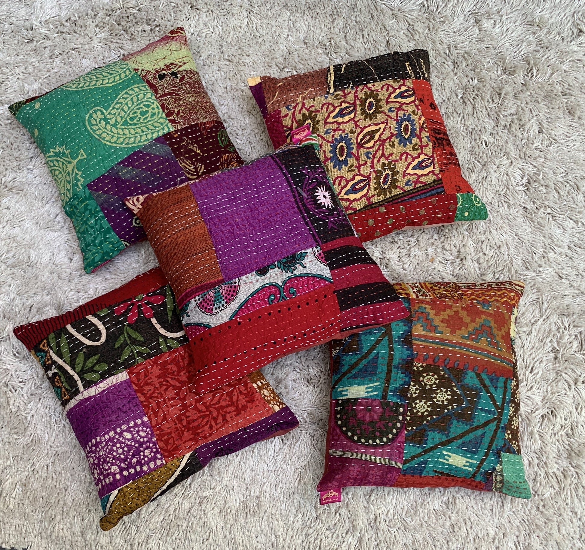 Kantha Patchwork Cotton Cushion Covers - Set of 5 - Stylla London