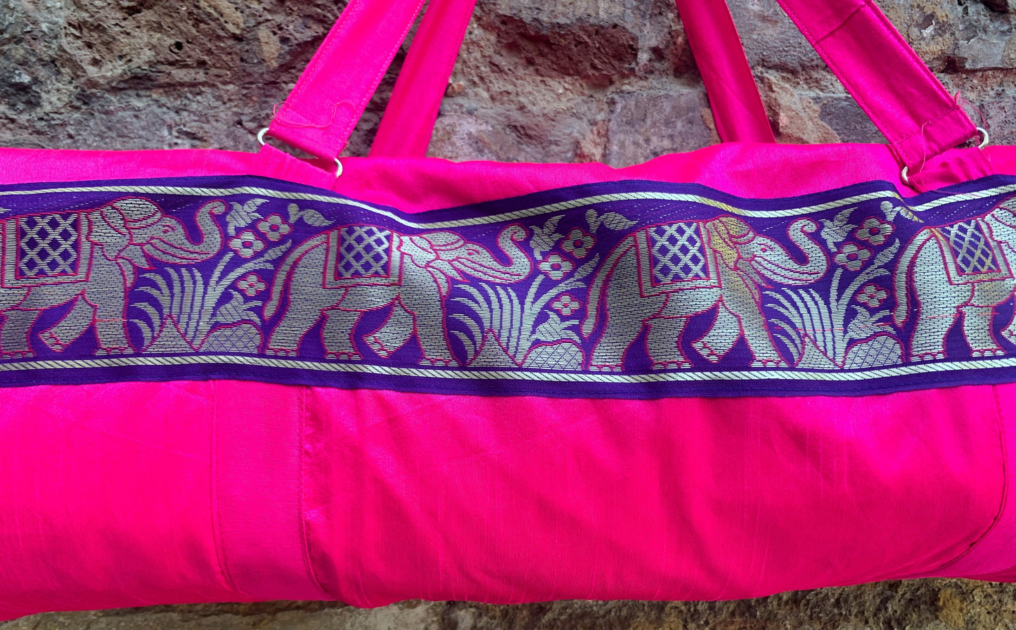 Indian Silk Yoga Mat Bag and Carriers - Pink - Stylla London