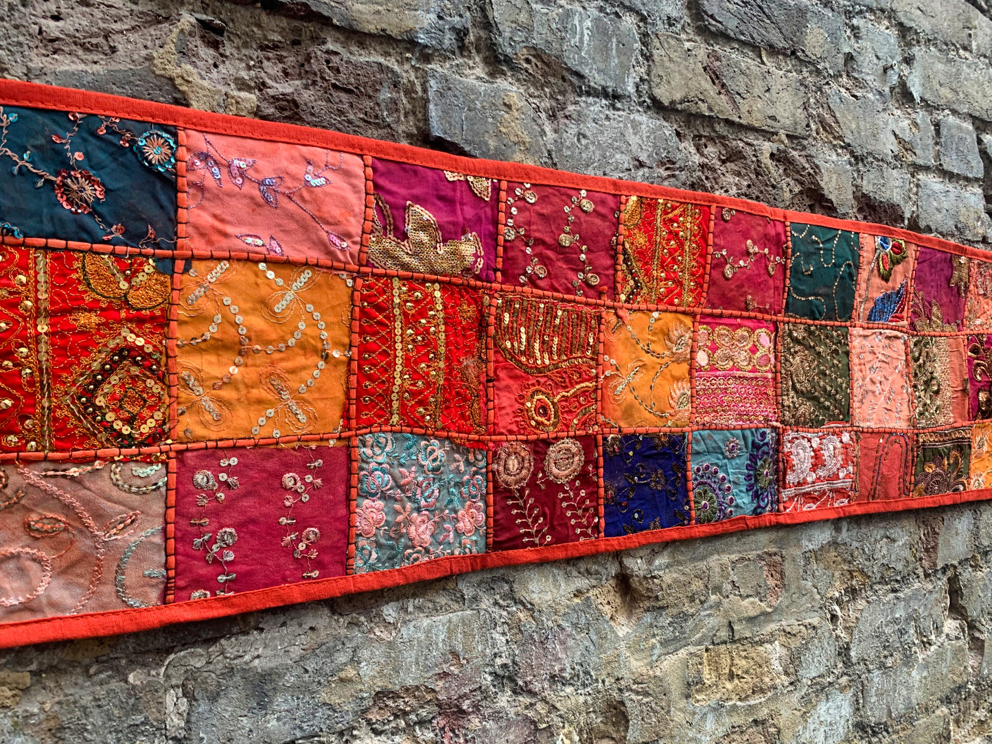 Hand Embroidered Vintage Cotton Sari Patchwork Table Runner - Orange - Stylla London