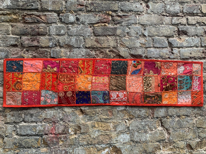 Hand Embroidered Vintage Cotton Sari Patchwork Table Runner - Orange - Stylla London
